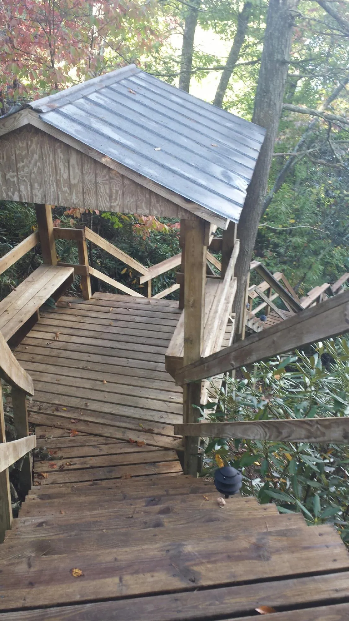 Metal roofed shelter over wooden steps on a wooded walkway — Skylight Repair & Installation work by our crew in Barboursville